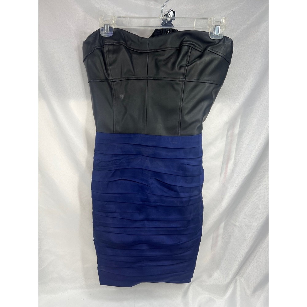 Express Sz 12 Blue & Black Mini Dress Club Evening Pleather Ruched Strapless